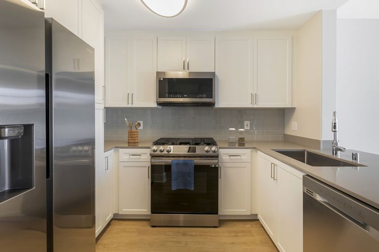Renovated Package I kitchen with white cabinetry, grey quartz countertops, grey tile backsplash, stainless steel appliances, and hard surface flooring