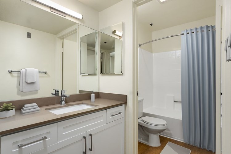 Renovated I bath with quartz countertops and hard surface flooring