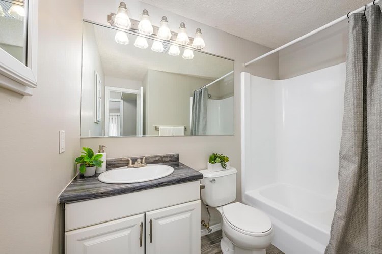 Each bathroom offers large vanities and built-in medicine cabinets with a sleek, modern finish.