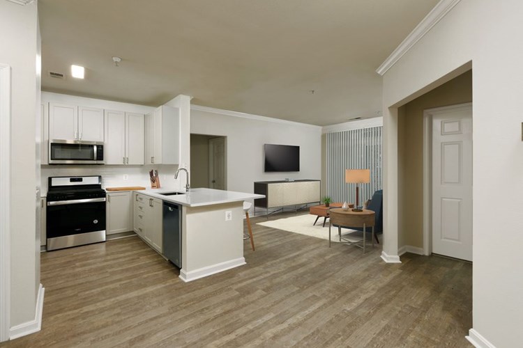 Renovated II kitchen and living areas with hard surface flooring
