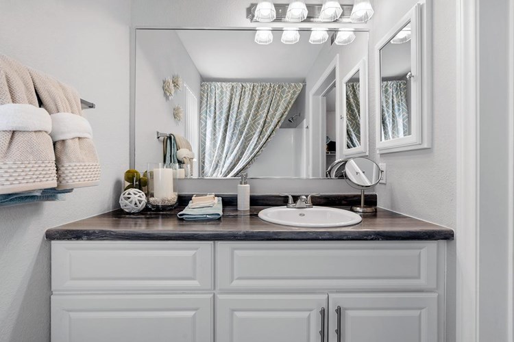 Your master bathroom features an over-sized vanity.