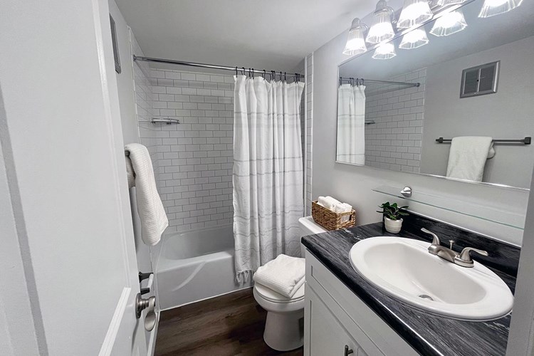 Updated bathrooms featuring black-fusion countertops, wood-style flooring, and large mirrors. 