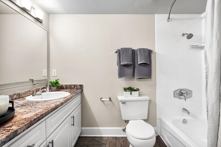 Newly remodeled bathrooms featuring updated counter tops, large mirrors and wood-style flooring.