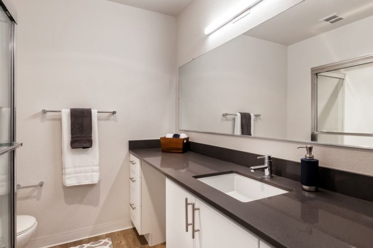 Renovated Package I bathroom with dark grey countertop, white cabinetry, and hard surface flooring