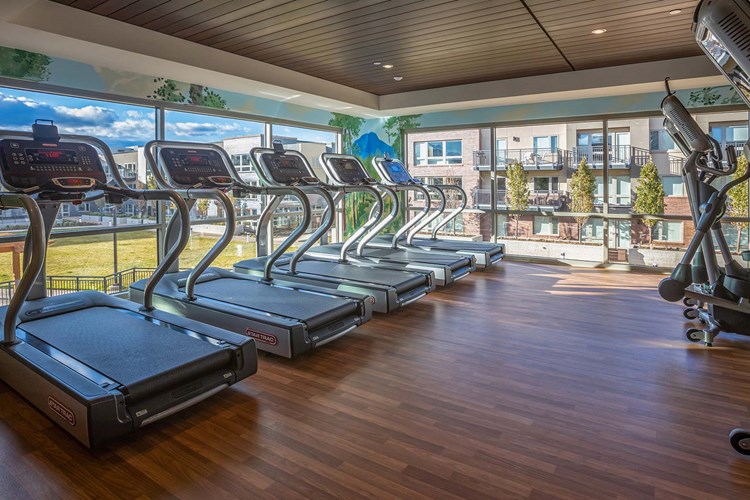Two-story fitness center with Peloton bikes and yoga studio