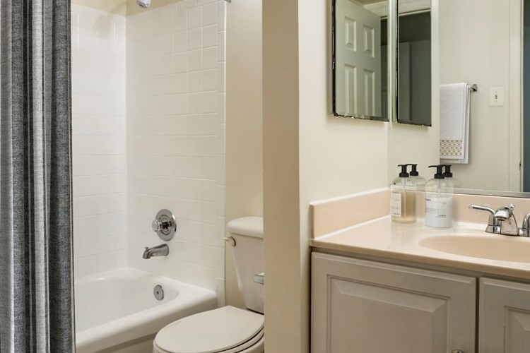 Renovated Package I bath featuring white cabinetry and countertops