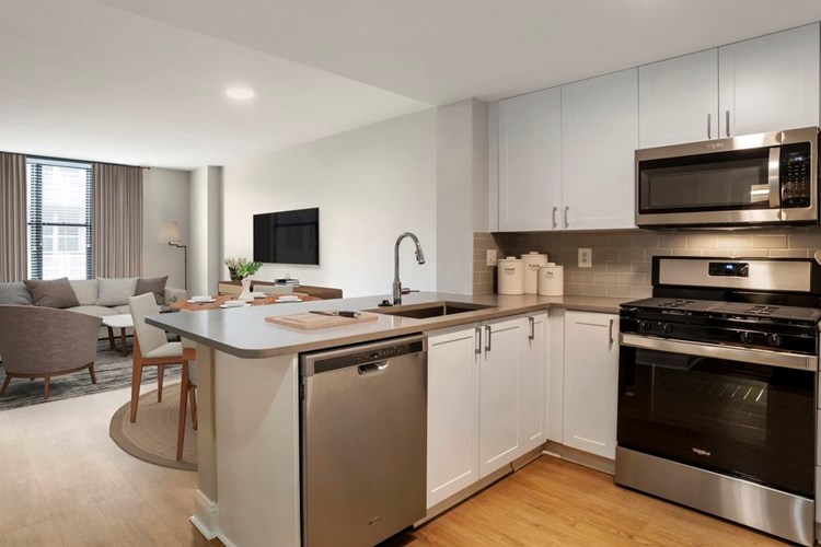 Renovated Package I kitchen and living area with white cabinetry, grey quartz countertops, stainless steel appliances, grey tile backsplash, and hard surface flooring