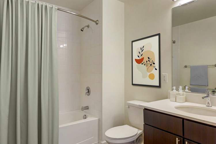 Renovated Package I bath with white quartz countertops, espresso cabinetry, and hard surface flooring