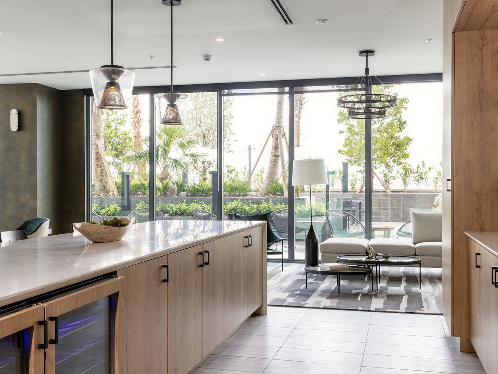 Resident lounge with entertaining kitchenette and lounge seating