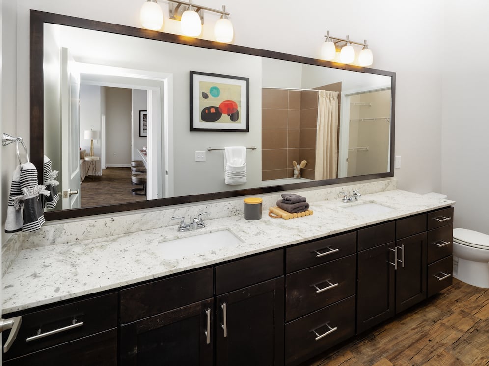 Primary bath with espresso cabinetry, granite countertops, and hard-surface vinyl plank flooring