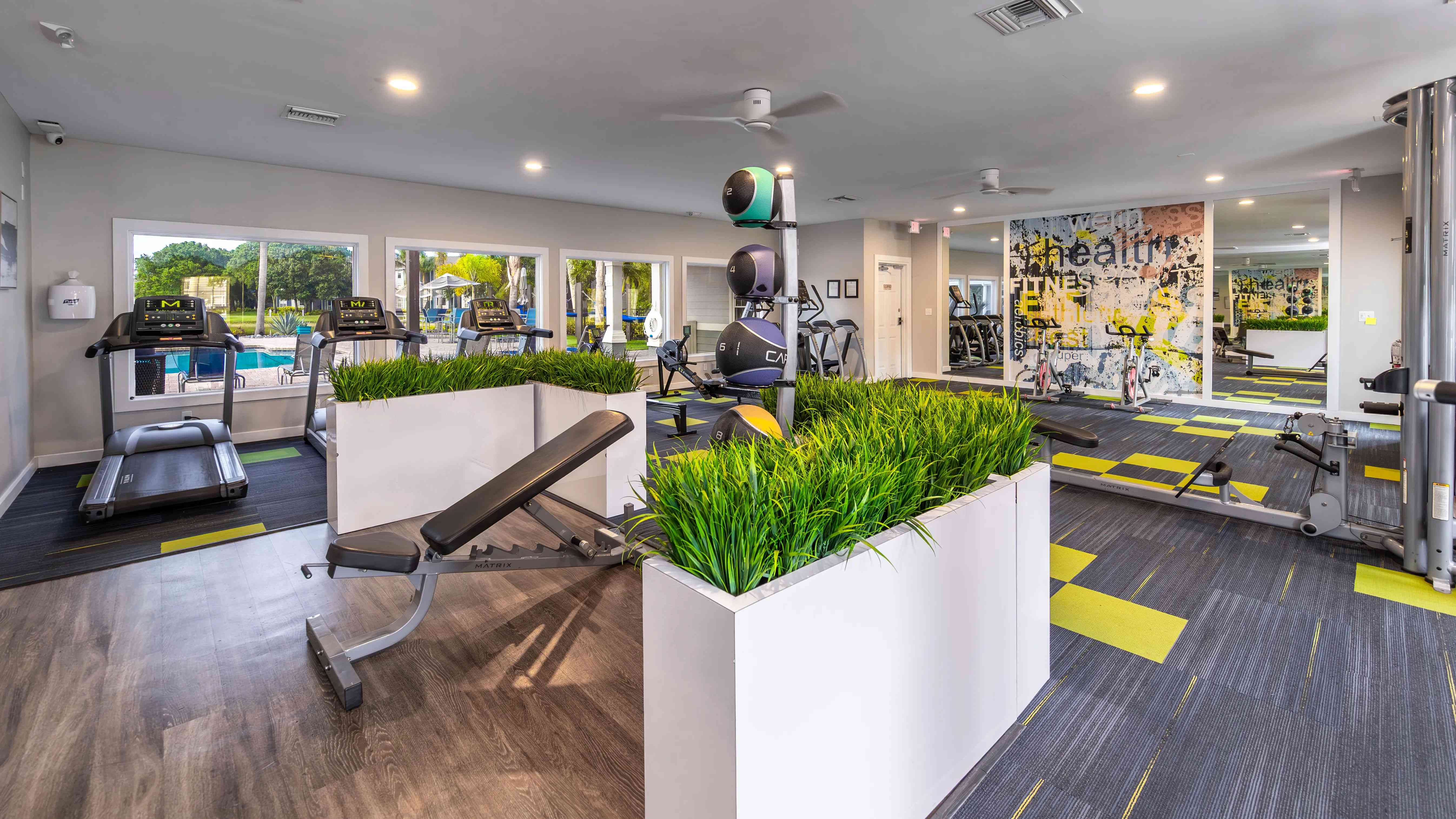 Enjoy a full-body workout in our open, light-filled fitness center equipped with treadmills, weight benches, medicine balls, and more.