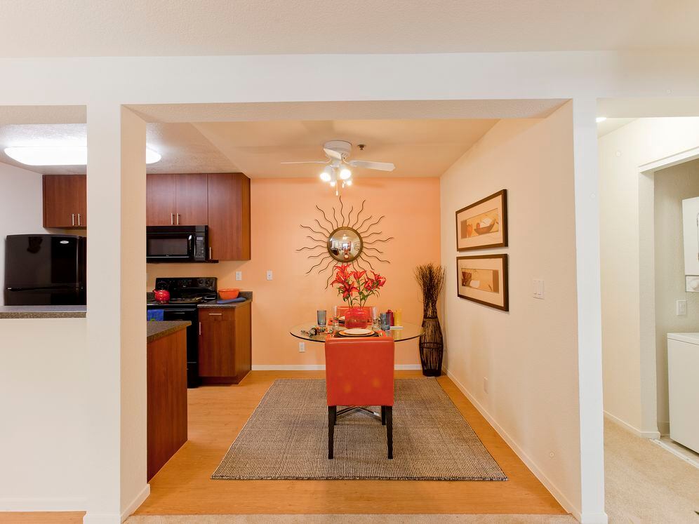 Kitchen and dining area with hard surface flooring