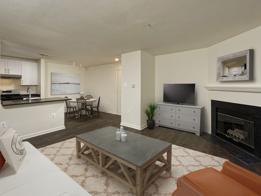 Renovated Package II kitchen, dining, and living areas with hard surface flooring