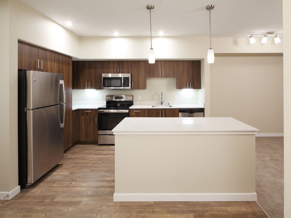 Phase I - Scheme A Kitchen with dark cabinetry, stainless appliances, white quartz countertops, and hard surface flooring