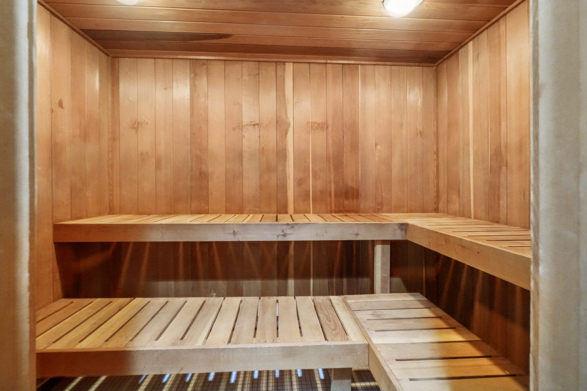 Dry sauna in fitness and wellness center at Drawbridge Apartments in Harrison Township, MI.