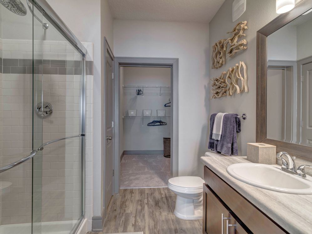 Bath with walk-in shower, wood cabinetry, hard-surface flooring, and walk-in closet (select apartments)