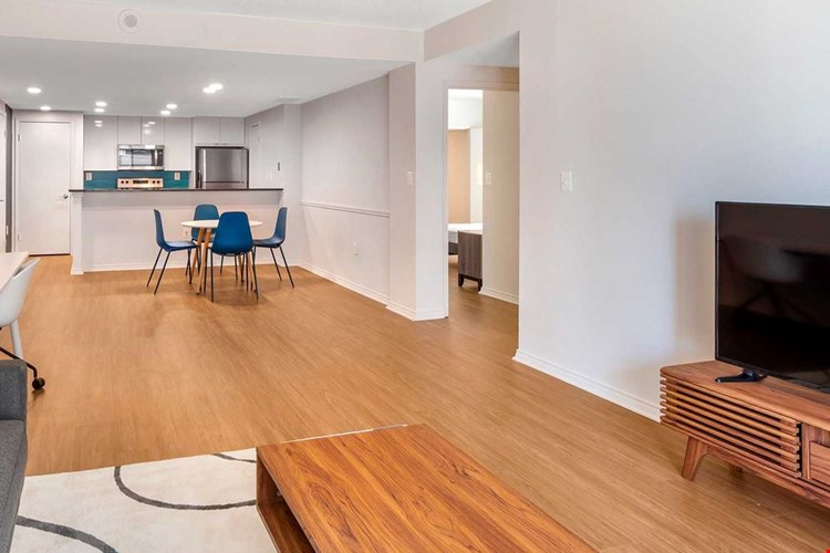 Furnished+ apartment homes include a dining set (Representative Image – exact items and style of furnishings may vary)