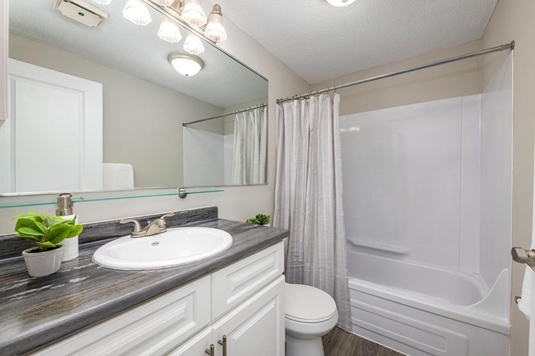 Bathrooms feature modern lighting and an oversized mirror.
