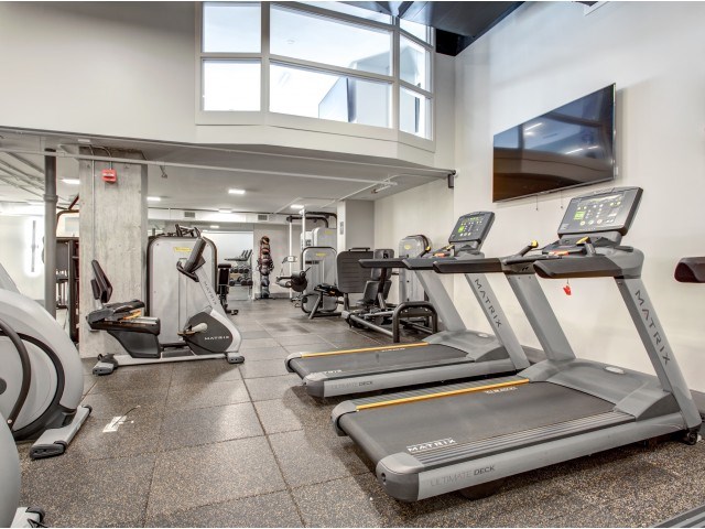 Bi-level fitness center with yogaspinfitness on demand room, free weights and cardio