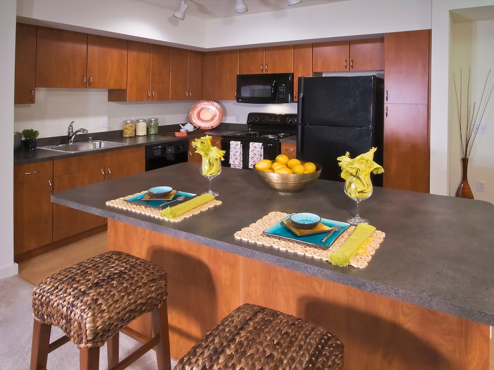 Classic Package I kitchen with cherry cabinetry, grey laminate countertops, black appliances, and hard surface flooring