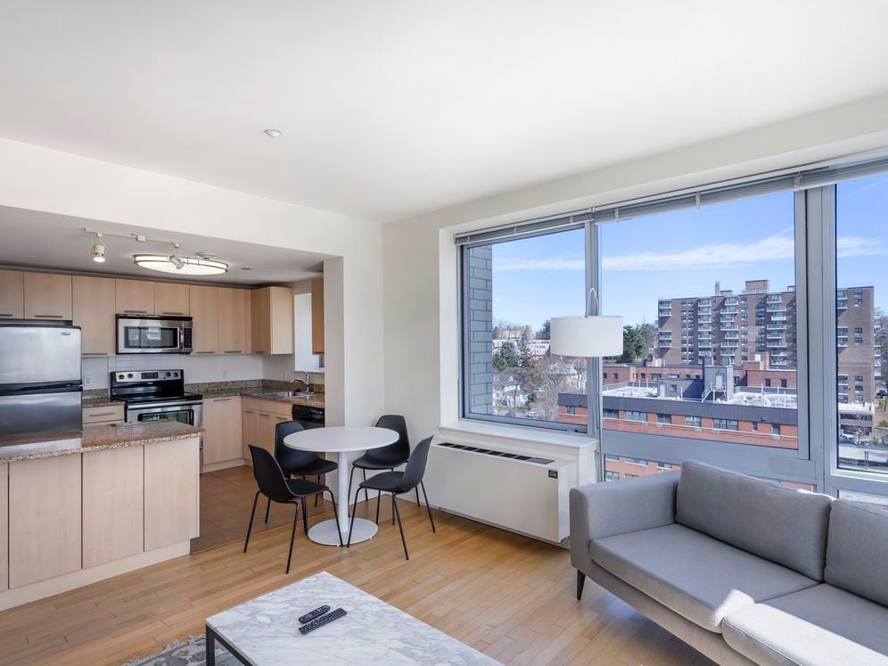 Furnished+ apartment homes include a dining set (Representative Image – exact items and style of furnishings may vary)