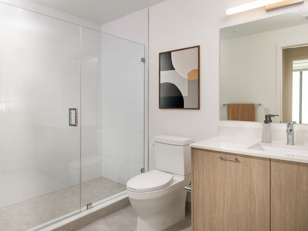 Bath with white quartz countertops