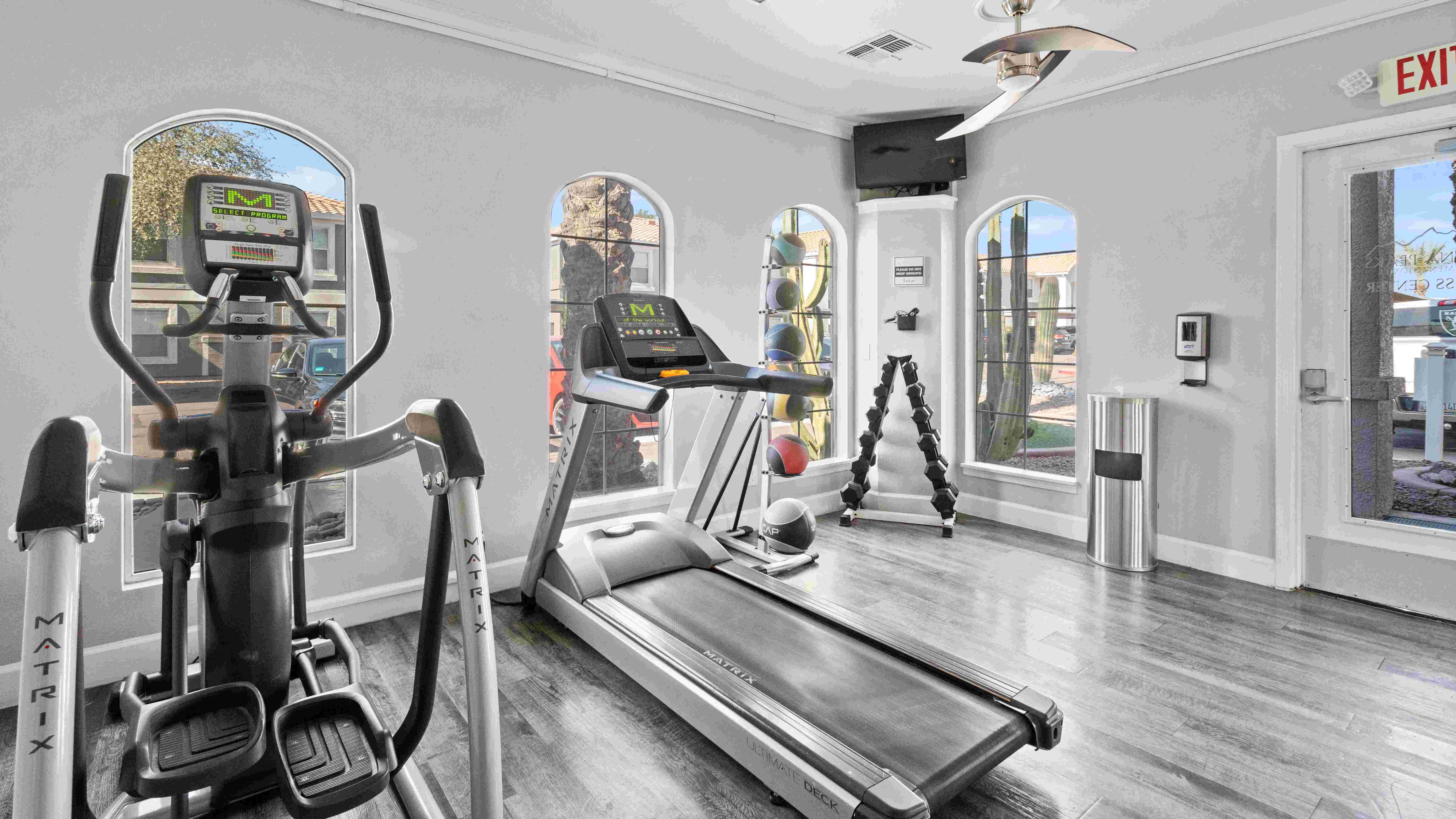 Achieve your fitness goals in our on-site fitness center, complete with top-tier cardio equipment, free weights, and medicine balls for a well-rounded workout.