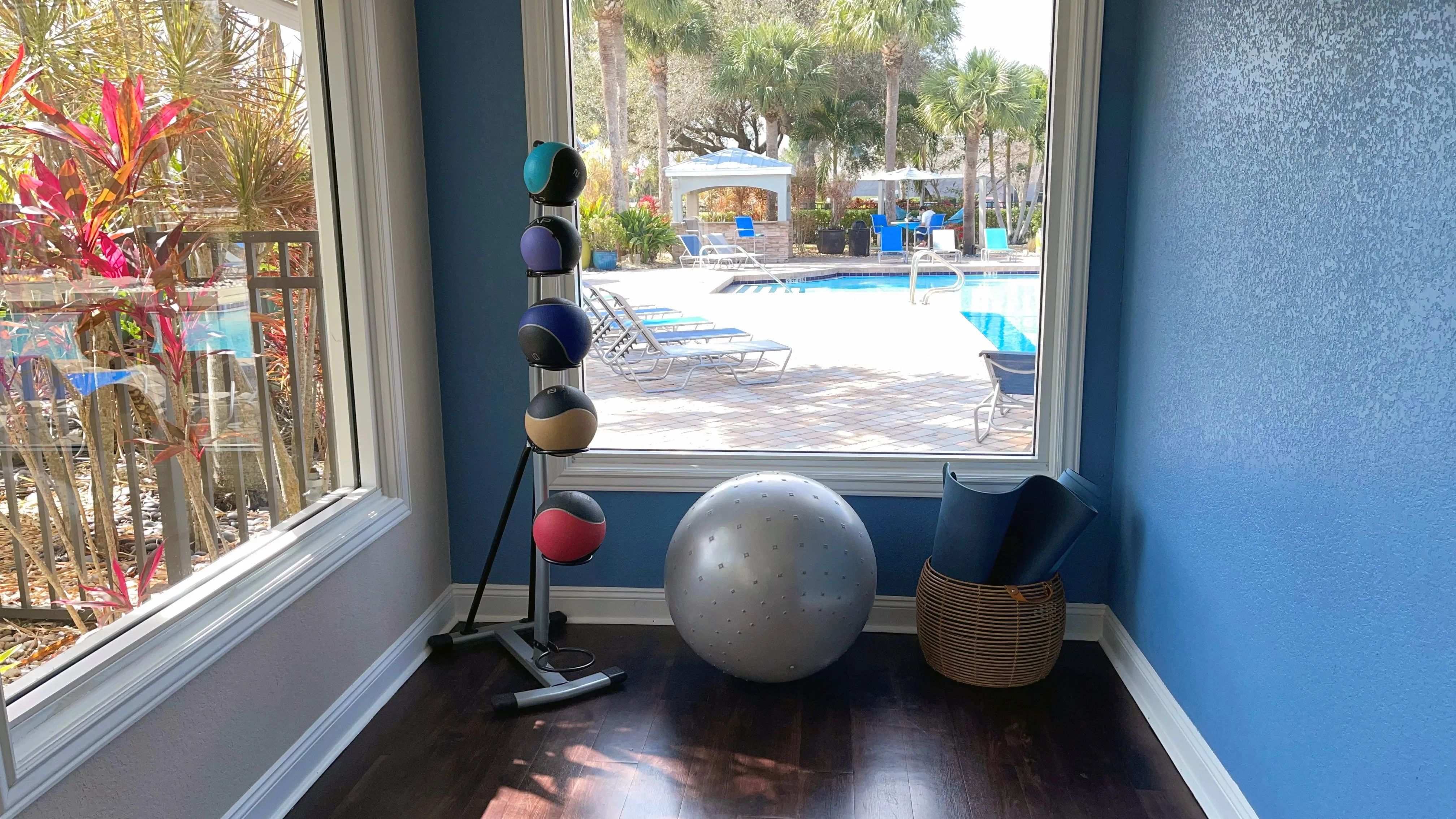 Our Fitness center also offers features a yoga area overlooking the pool.