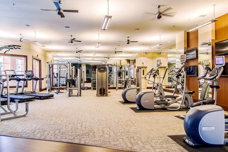 Expansive Fitness Center with Interactive TV Monitors Overlooking Pool