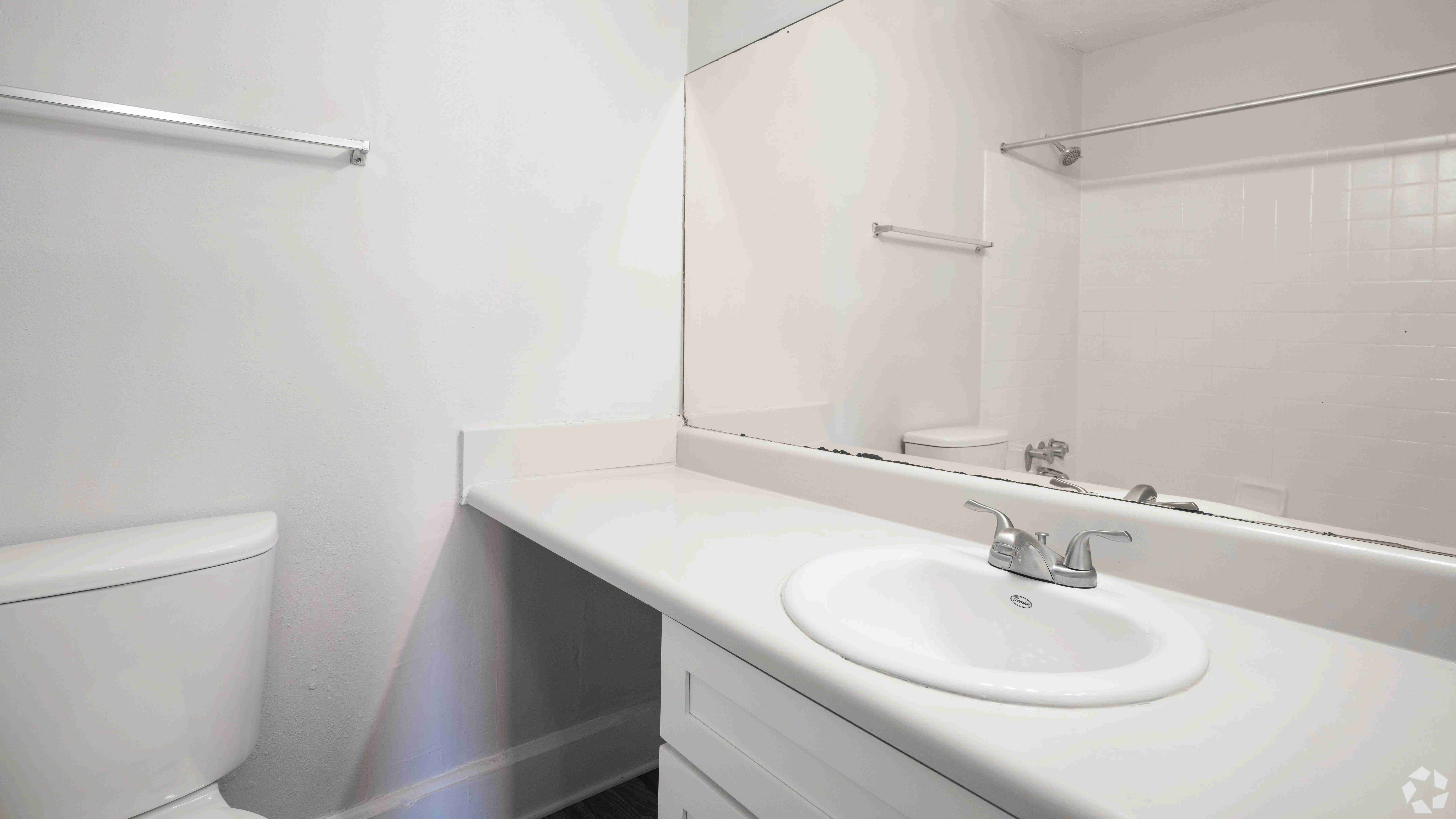 Guest bathroom featuring a spacious countertop, modern fixtures, and a large mirror for added convenience.