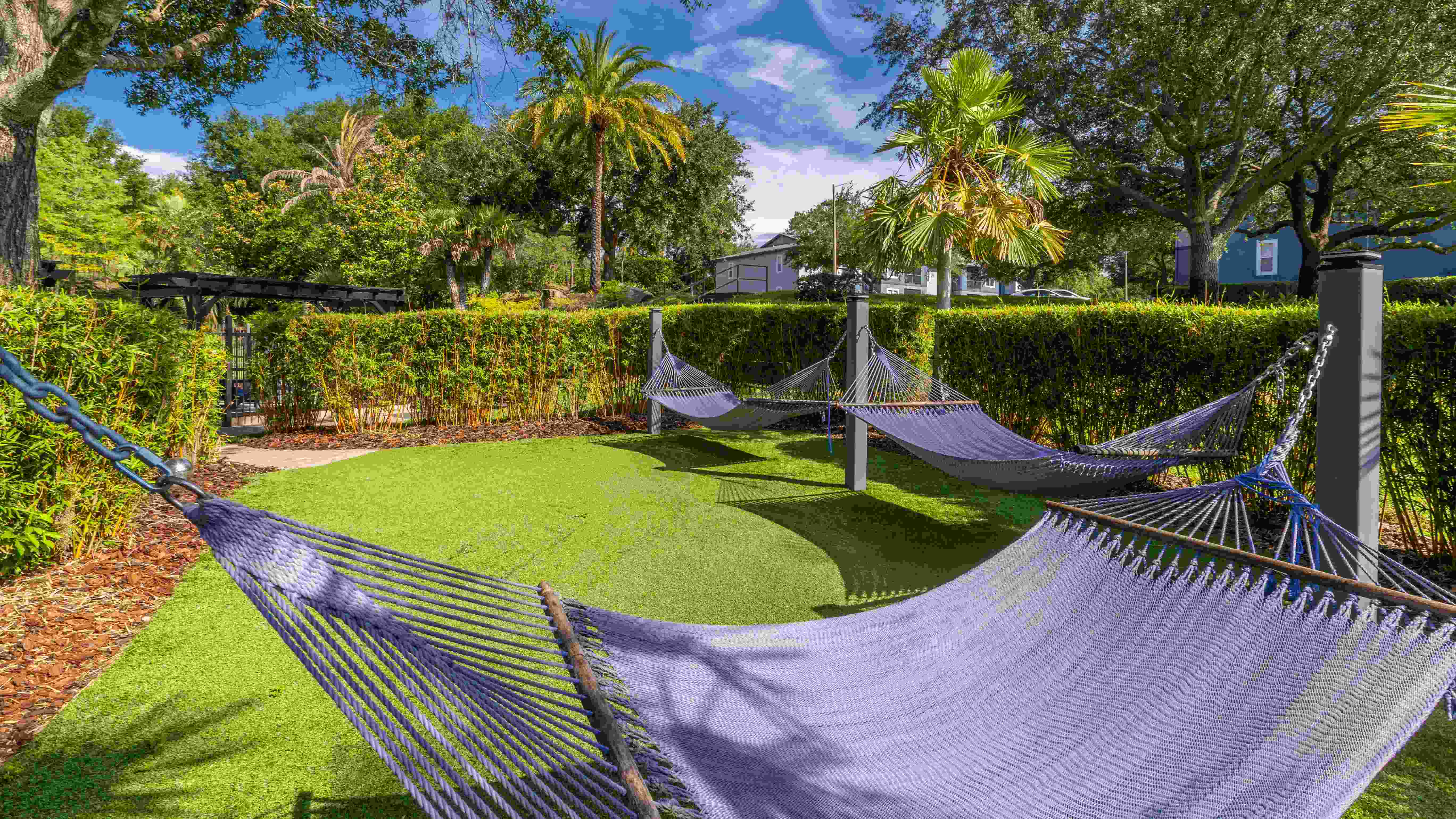 Whether you're soaking in the sun or enjoying a good book, our shaded hammock garden is designed for everyday relaxation.