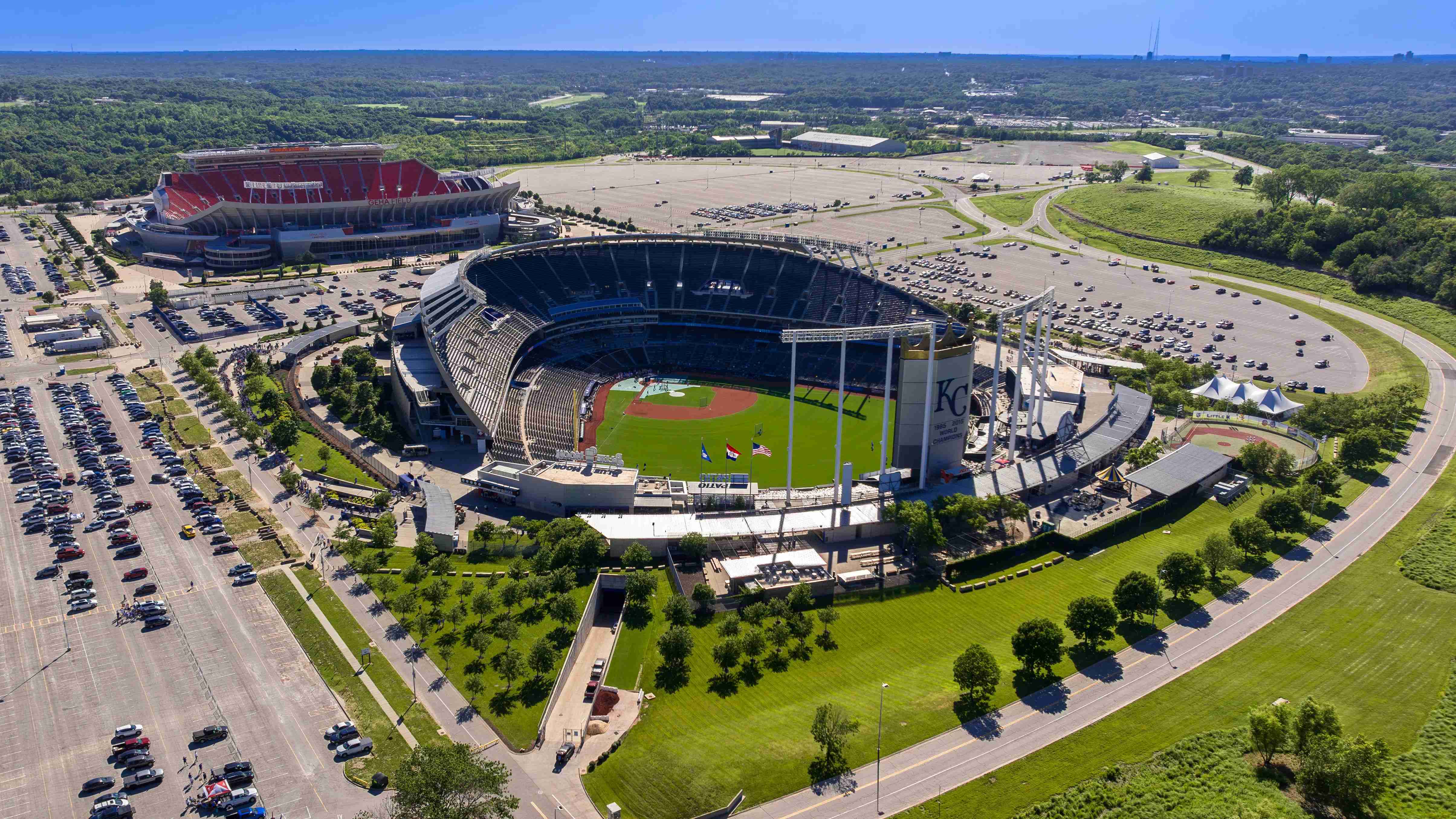 Aerial view of Kansas City's Arrowhead Stadium and Kauffman Stadium, two iconic sports venues that host unforgettable football and baseball games. Experience the excitement and energy of live sports in Kansas City.
