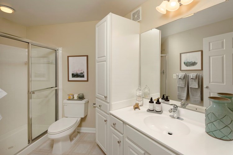Classic Package I bath with white countertops, white cabinetry, and vinyl tile flooring
