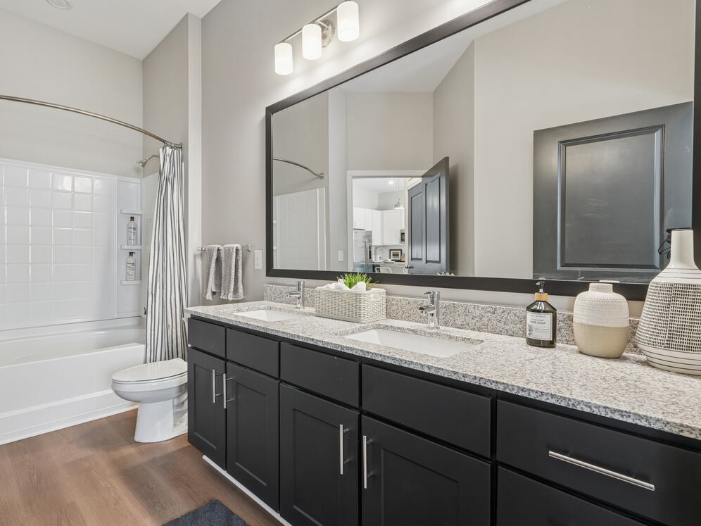 Bath with dark cabinetry, speckled granite countertops, and hard surface flooring