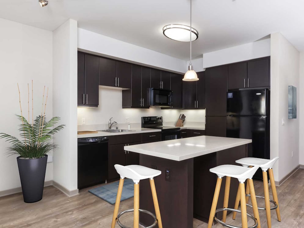 Classic Collection kitchen with black appliances, beige quartz countertops, espresso cabinetry, and hard surface flooring (select homes)