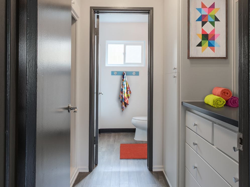 Dressing room and bath with hard surface flooring