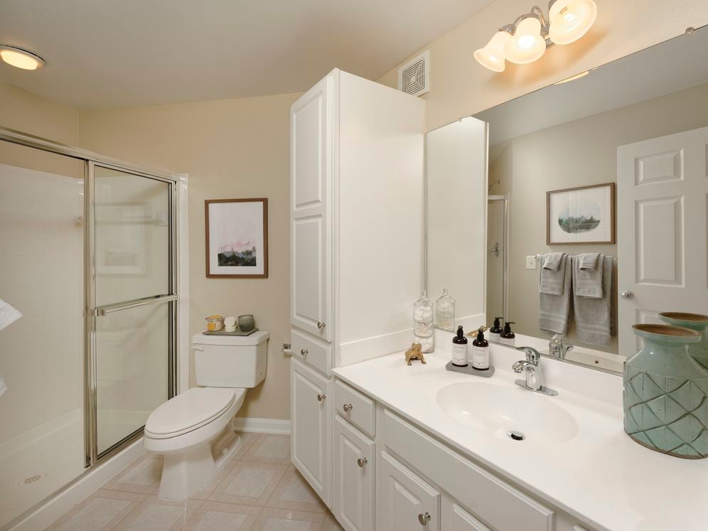 Classic Package I bath with white countertops, white cabinetry, and vinyl tile flooring