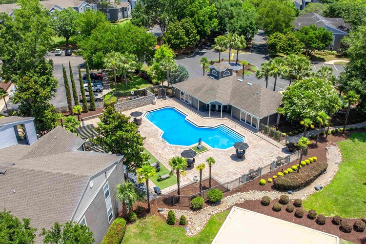 Get a glimpse of resort-style living with our sparkling pool, shaded lounge areas, and lush landscaping—all just steps from your front door at Oasis at 1800.