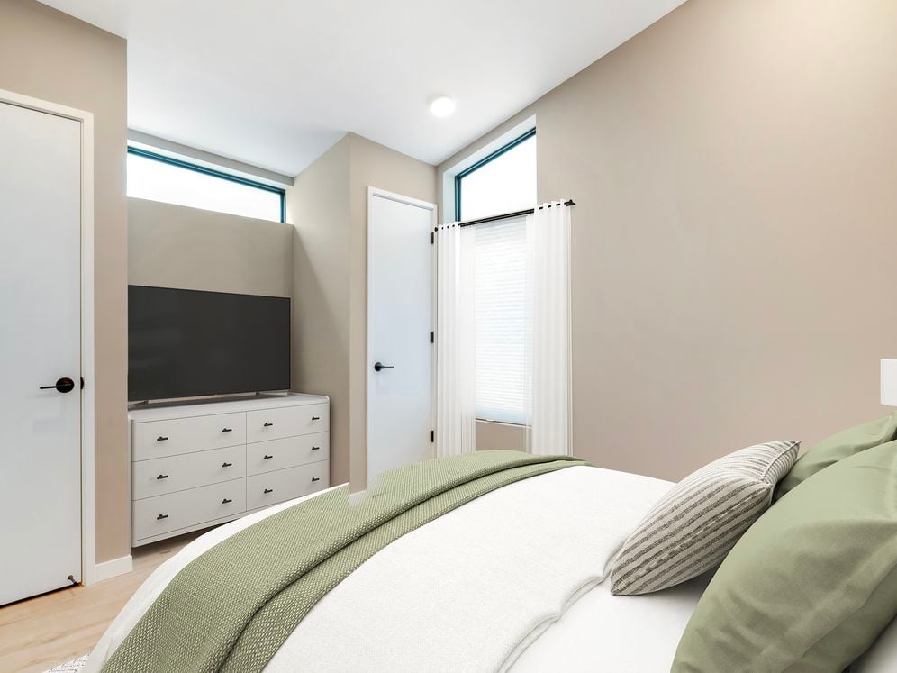 Freestanding home bedroom with hard surface flooring