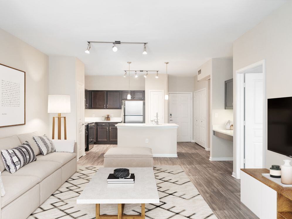 Kitchen and living room with hard surface vinyl plank flooring