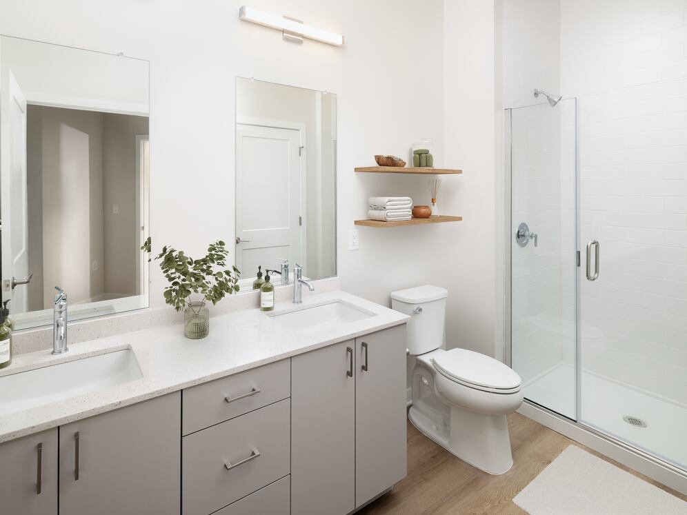 Base Collection bath with white quartz countertop, grey cabinetry, and hard surface flooring