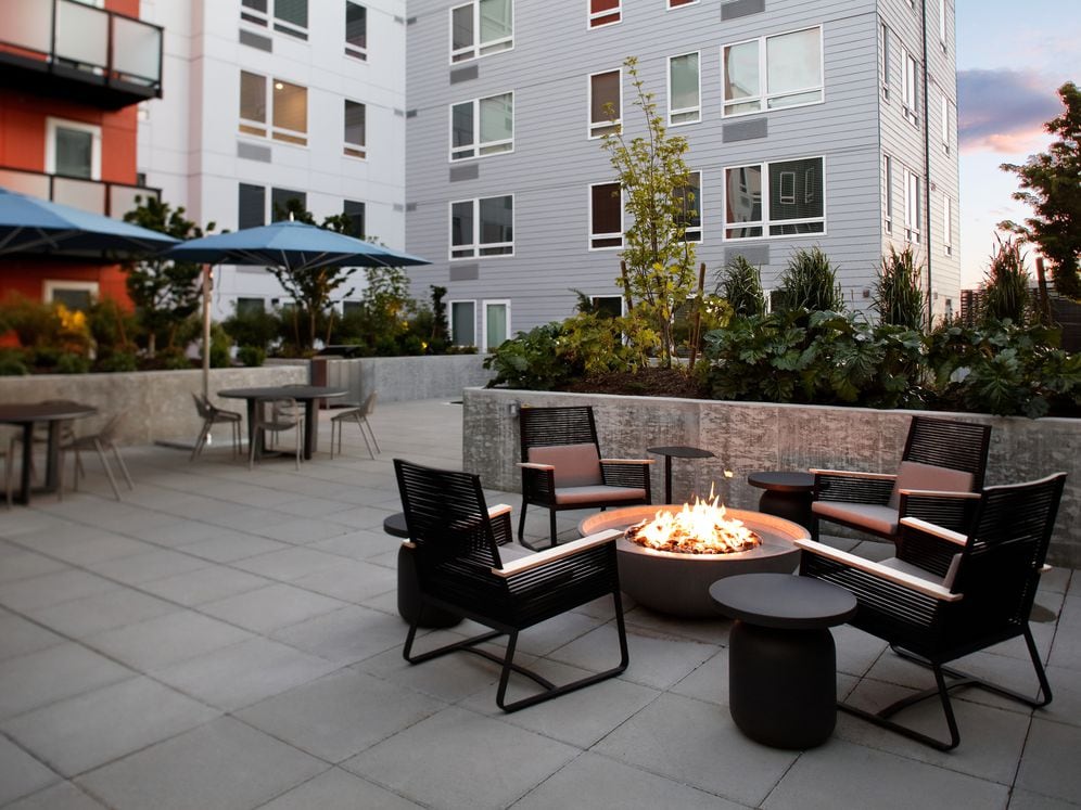 Courtyard with lounge seating and fire pit