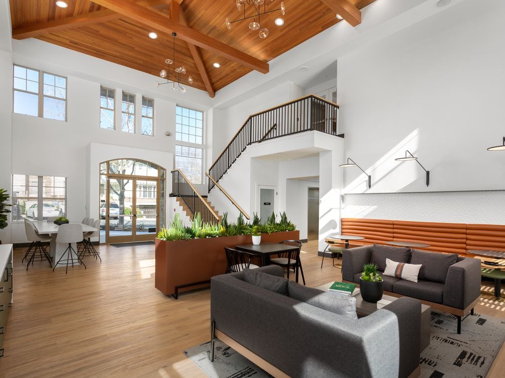 Lobby and Leasing Office with Lounge Seating and Coworking Spaces