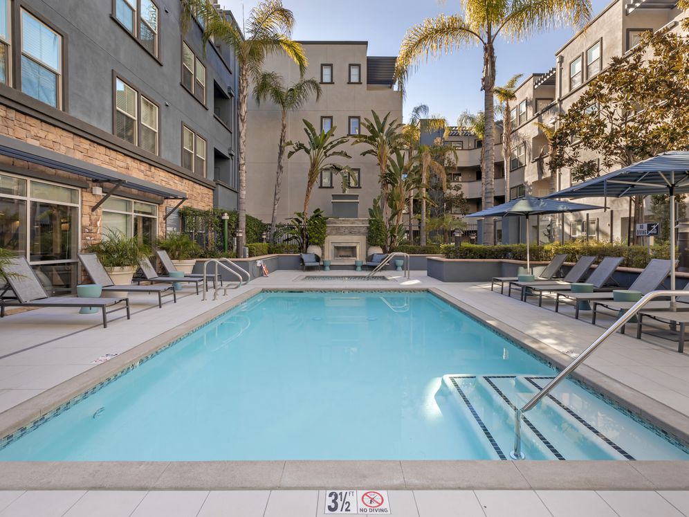 Swimming pool and spa with lounge seating