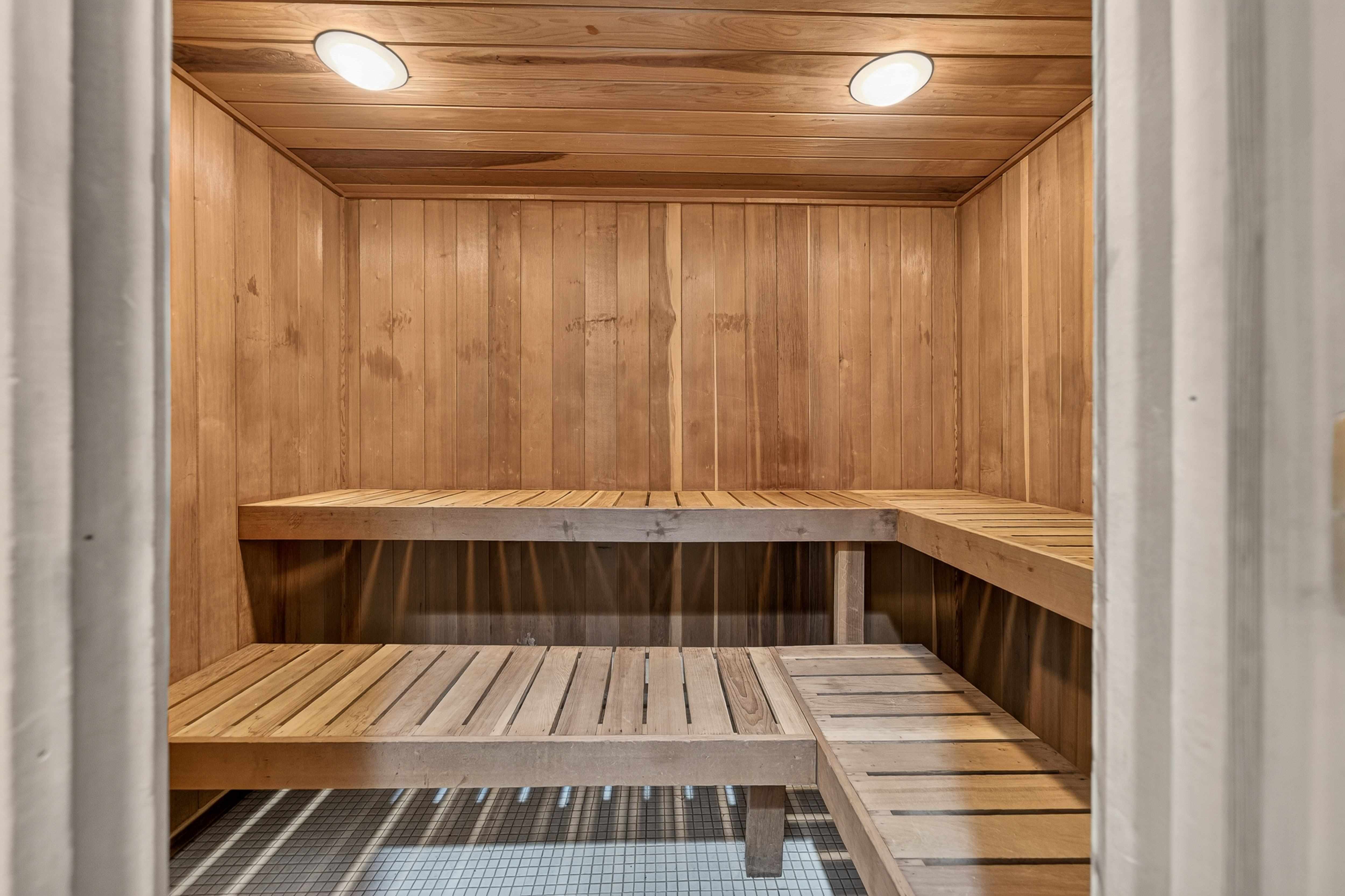 Dry sauna in 24-hour fitness and wellness center at Drawbridge Apartments in Harrison Township, MI.
