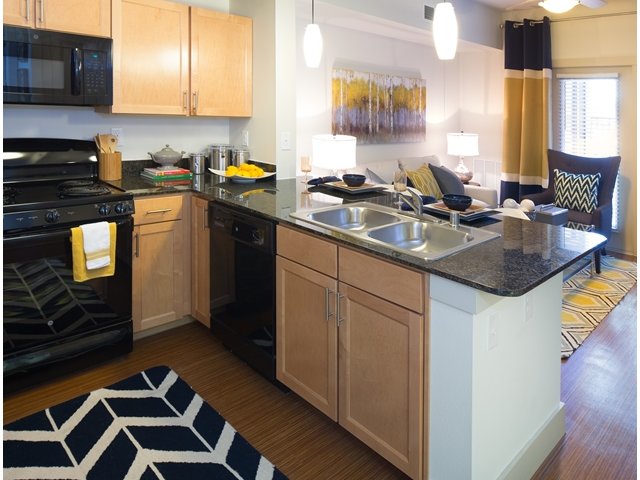 Granite Countertops, Maple-finished Wood Cabinets, and Pendant Lighting