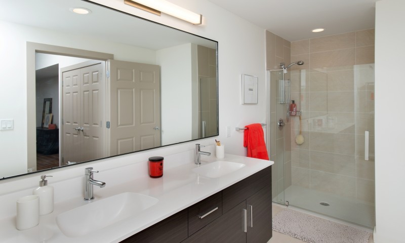 Master bath with walk-in shower (2BR units)