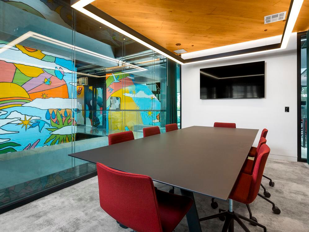 Conference room with mural art by Priscilla Witte