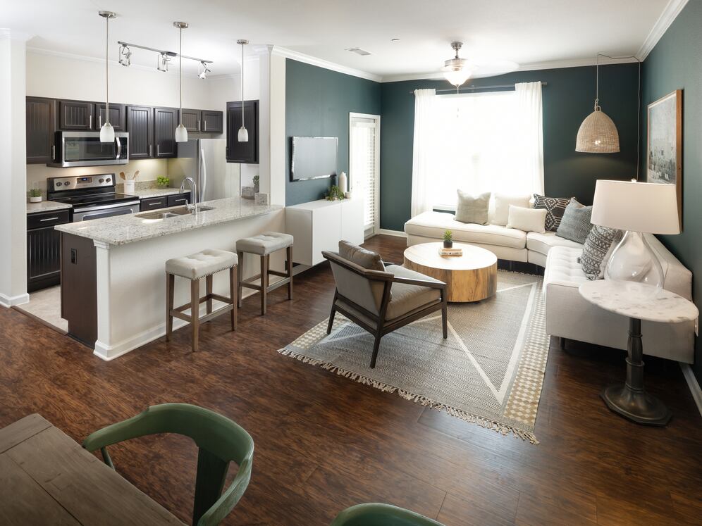 Kitchen, living, and dining area