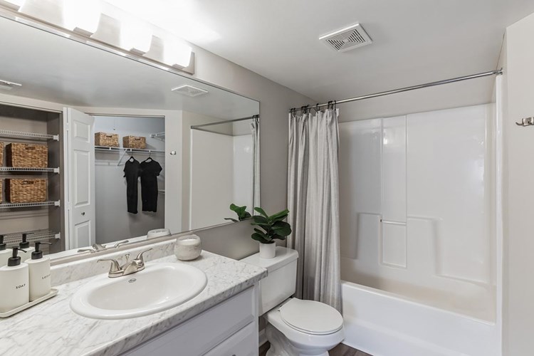Master bathrooms featuring a walk-in closet and linen closet with built-in organizers.